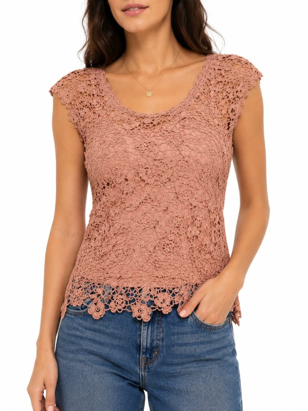 Vintage Newport News Dusty Rose Floral Crochet Lace Top Romantic Boho Blouse S